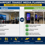 Infographic comparing reach and frequency in airport transit media planning, showing large hoardings for wide audience exposure and digital screens for repeated ad visibility across passenger touchpoints.
