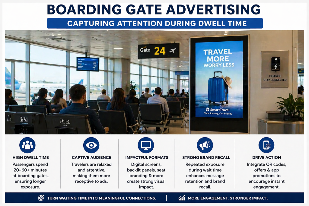 Airport boarding gate area with passengers seated and a digital advertising screen, highlighting high dwell time, captive audience, impactful formats, and brand recall opportunities.