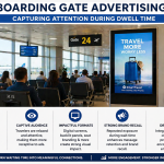 Airport boarding gate area with passengers seated and a digital advertising screen, highlighting high dwell time, captive audience, impactful formats, and brand recall opportunities.