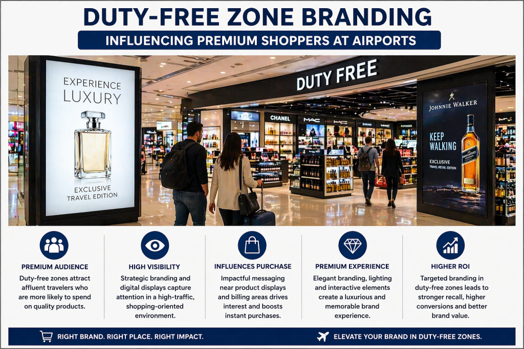 Airport duty-free retail area with luxury brand displays and digital advertising screens, highlighting premium audience targeting, high visibility, and influence on purchase decisions.