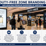 Airport duty-free retail area with luxury brand displays and digital advertising screens, highlighting premium audience targeting, high visibility, and influence on purchase decisions.