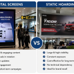 Split-screen comparison showing digital advertising screens and static hoardings inside an airport terminal, highlighting features like dynamic content, real-time updates, high visibility, and constant brand exposure.