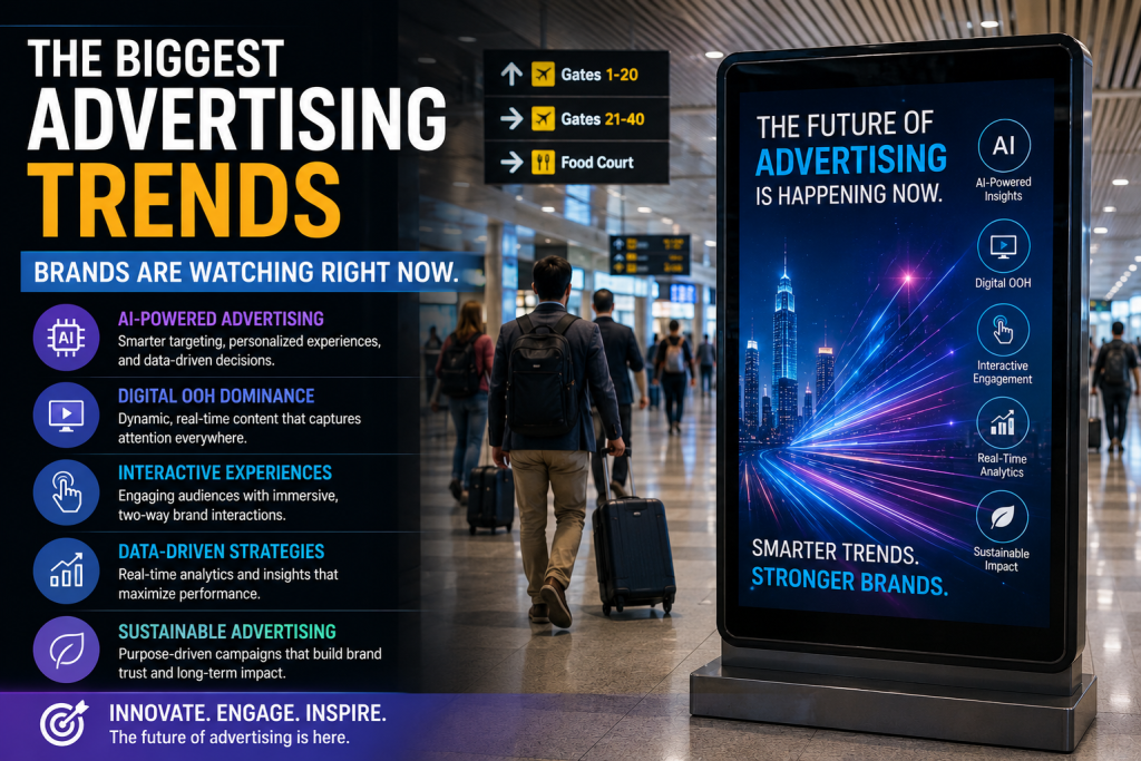 Large digital airport advertising display inside a modern international airport terminal showcasing a premium brand campaign with travelers walking through the departure area.