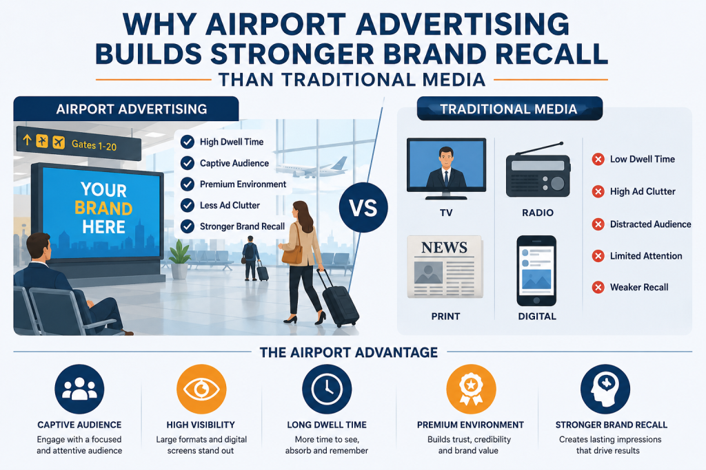 Infographic comparing airport advertising and traditional media, showing airport ads deliver higher dwell time, better visibility, captive audience attention, premium environment, and stronger brand recall.