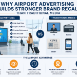 Infographic comparing airport advertising and traditional media, showing airport ads deliver higher dwell time, better visibility, captive audience attention, premium environment, and stronger brand recall.