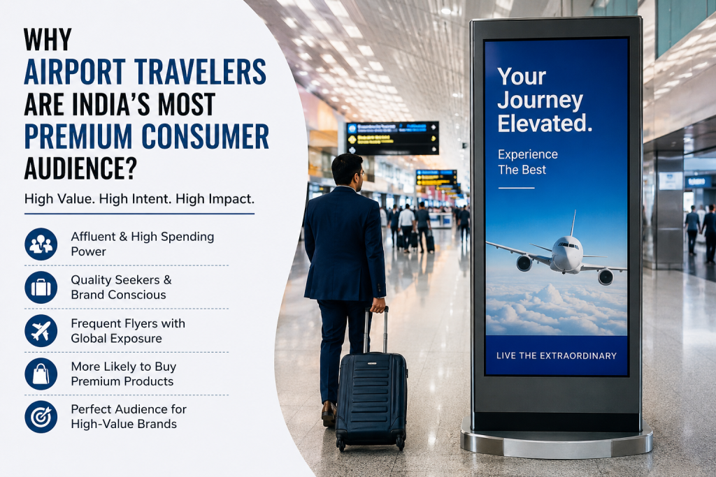 Modern airport advertising display targeting premium travelers inside a busy airport terminal with digital OOH branding and luxury consumer messaging.