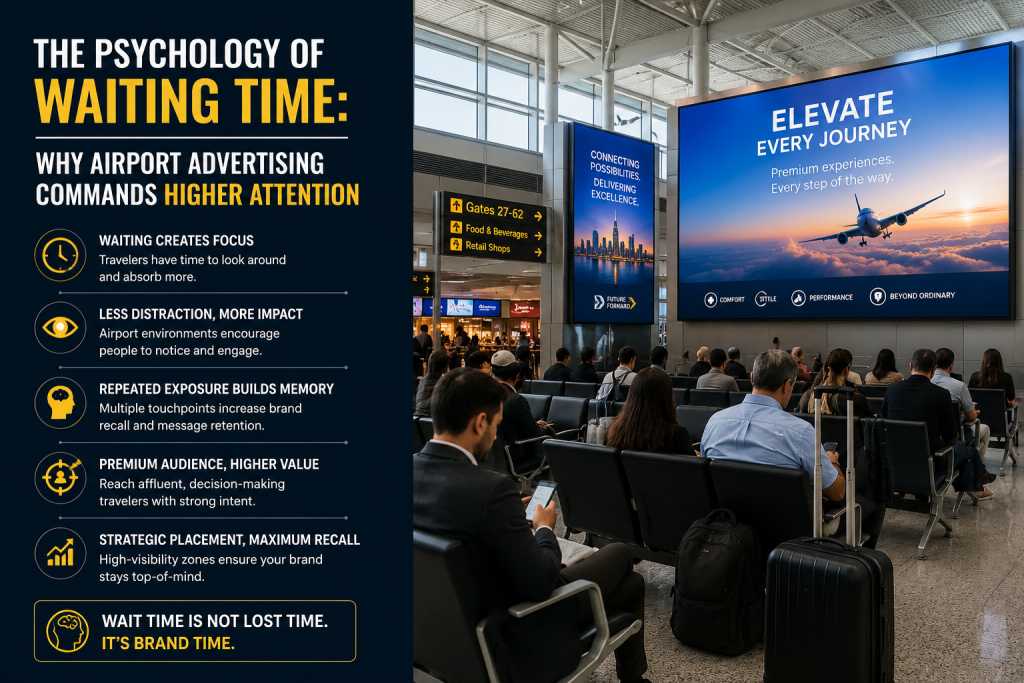Airport OOH advertising campaign explaining the psychology of waiting time with digital billboard branding inside a modern airport terminal.