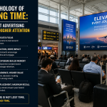 Airport OOH advertising campaign explaining the psychology of waiting time with digital billboard branding inside a modern airport terminal.