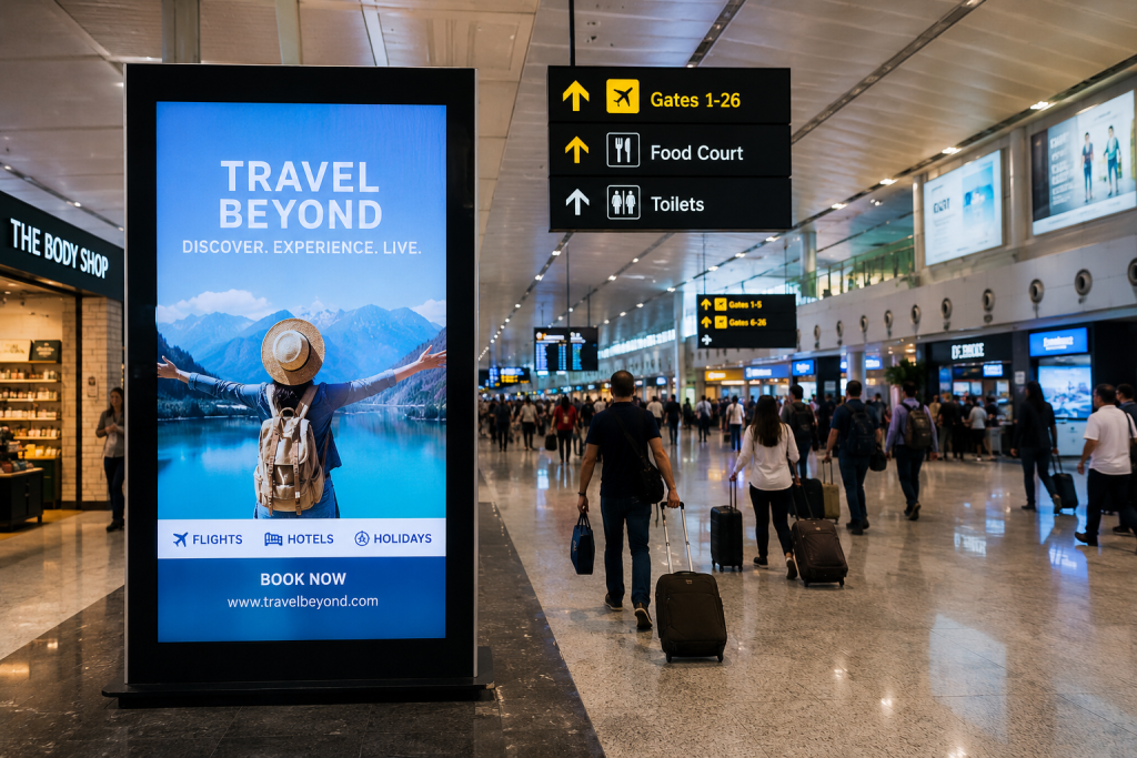 Realistic airport terminal scene featuring a large digital advertising display, busy travelers with luggage, overhead gate signs, and a premium airport environment showcasing high-impact brand visibility.