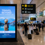 Realistic airport terminal scene featuring a large digital advertising display, busy travelers with luggage, overhead gate signs, and a premium airport environment showcasing high-impact brand visibility.