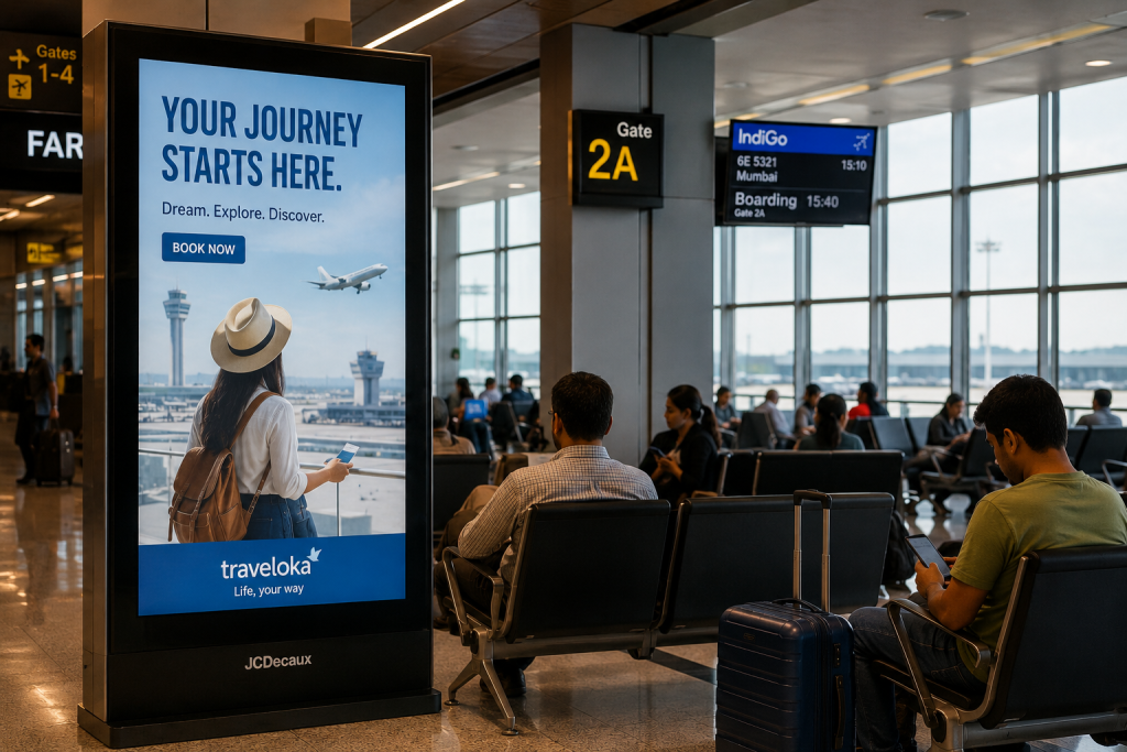 Realistic airport terminal with passengers waiting near boarding gates alongside a premium digital OOH advertising display.