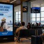 Realistic airport terminal with passengers waiting near boarding gates alongside a premium digital OOH advertising display.