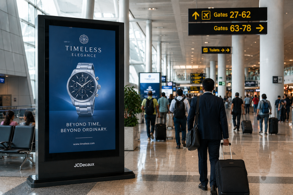 Premium airport terminal featuring a luxury digital billboard advertisement with travelers walking toward boarding gates.