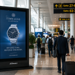 Premium airport terminal featuring a luxury digital billboard advertisement with travelers walking toward boarding gates.