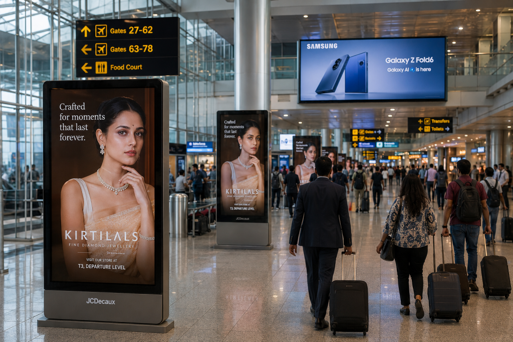 Modern airport terminal with multiple digital OOH advertising touchpoints influencing travelers through premium brand displays and interactive visual campaigns.