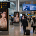 Modern airport terminal with multiple digital OOH advertising touchpoints influencing travelers through premium brand displays and interactive visual campaigns.
