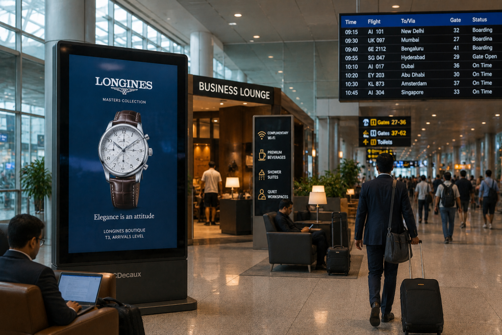Luxury airport lounge area with premium digital OOH advertising display targeting frequent flyers and business travelers inside a modern terminal.