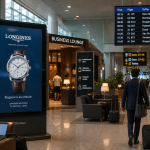 Luxury airport lounge area with premium digital OOH advertising display targeting frequent flyers and business travelers inside a modern terminal.