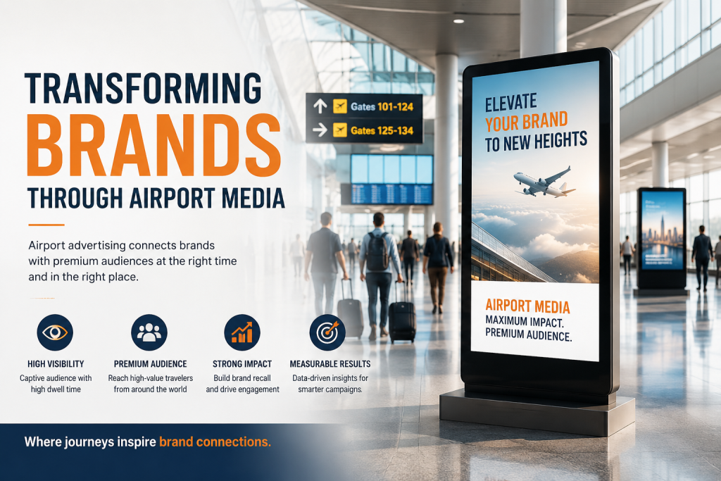 Modern digital airport advertising display showcasing premium brand promotion inside a busy airport terminal with travelers and large illuminated digital screens.
