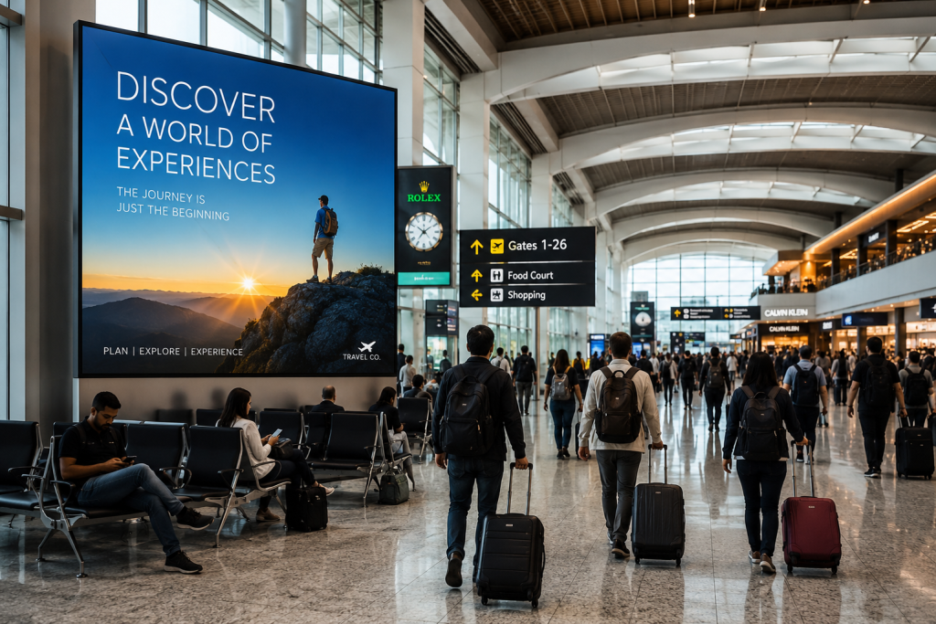 Realistic airport terminal featuring large digital outdoor advertising screens, travelers with luggage, and premium travel campaign displays creating consumer engagement.