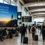 Realistic airport terminal featuring large digital outdoor advertising screens, travelers with luggage, and premium travel campaign displays creating consumer engagement.