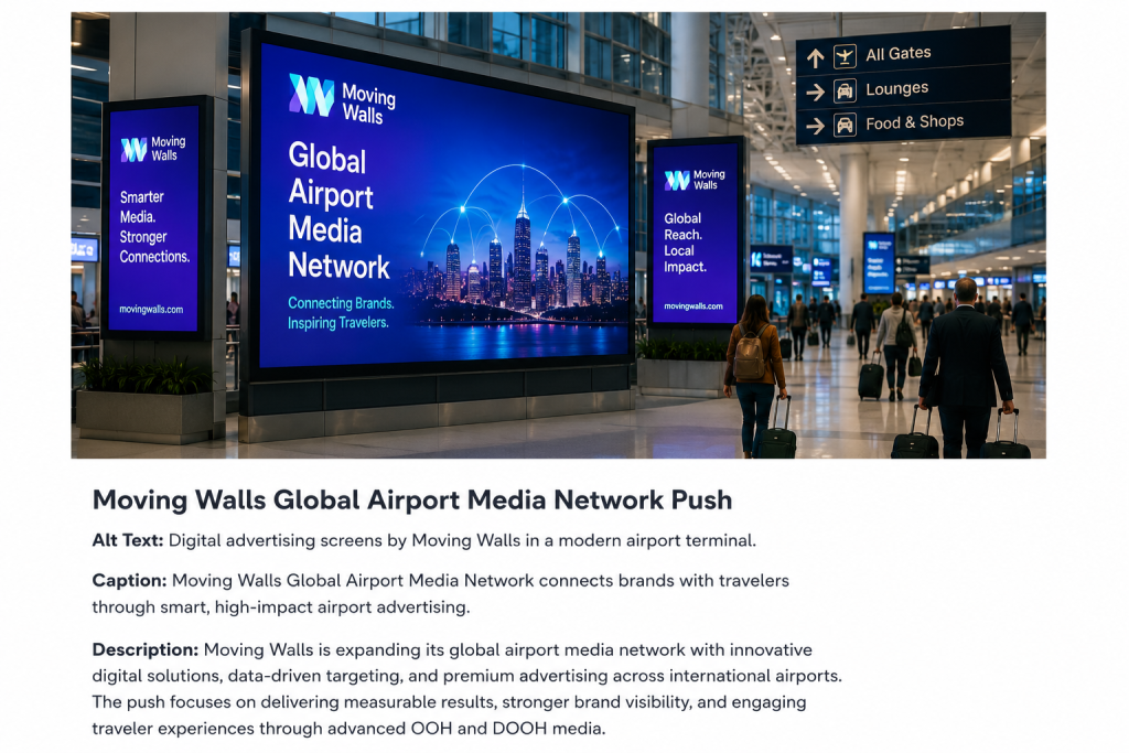 Digital airport advertising screens by Moving Walls inside a modern international airport terminal.