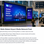 Digital airport advertising screens by Moving Walls inside a modern international airport terminal.