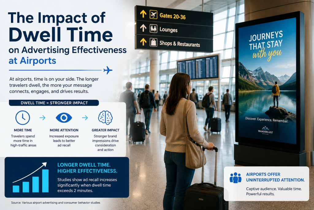 Infographic showing travelers in an airport terminal viewing a digital advertisement, illustrating how longer dwell time improves advertising effectiveness, attention, and brand recall at airports.