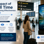 Infographic showing travelers in an airport terminal viewing a digital advertisement, illustrating how longer dwell time improves advertising effectiveness, attention, and brand recall at airports.