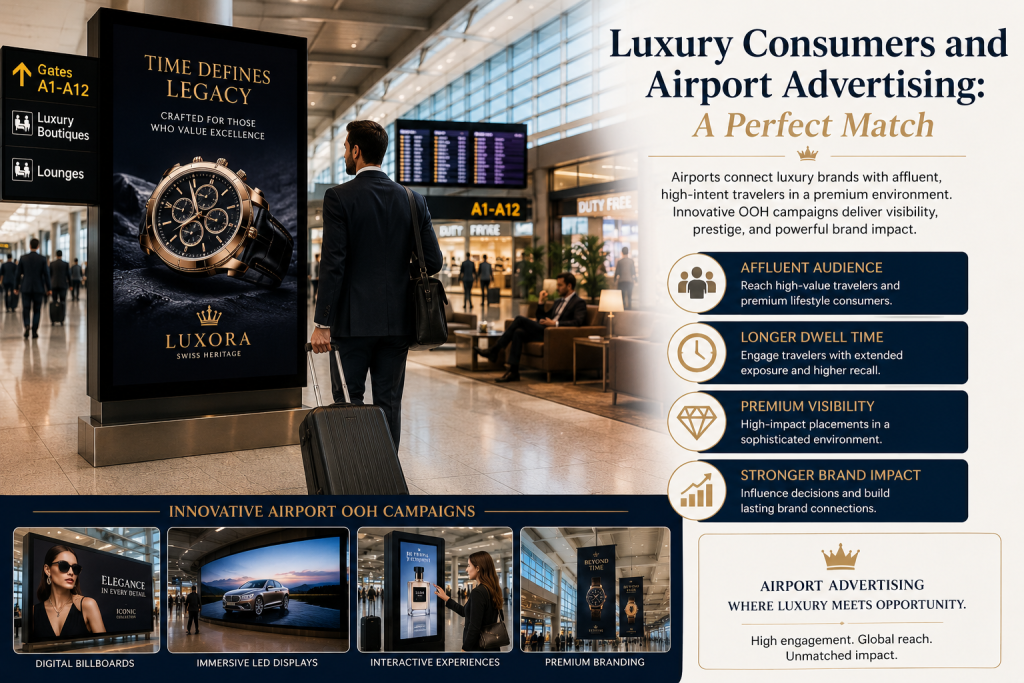 Luxury airport advertising infographic featuring premium digital billboards, affluent travelers, and innovative OOH campaign displays inside a modern airport terminal.
