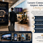 Luxury airport advertising infographic featuring premium digital billboards, affluent travelers, and innovative OOH campaign displays inside a modern airport terminal.