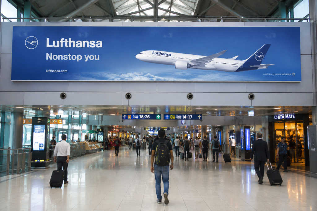 Large Lufthansa airport billboard displayed inside a busy Indian airport terminal with travelers walking below the advertisement.