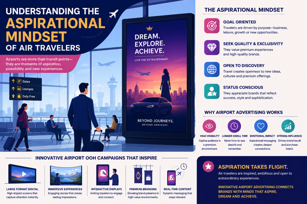 Infographic showing aspirational air travelers in a modern airport interacting with premium digital OOH advertising campaigns focused on luxury, ambition, and immersive brand experiences.
