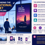 Infographic showing aspirational air travelers in a modern airport interacting with premium digital OOH advertising campaigns focused on luxury, ambition, and immersive brand experiences.