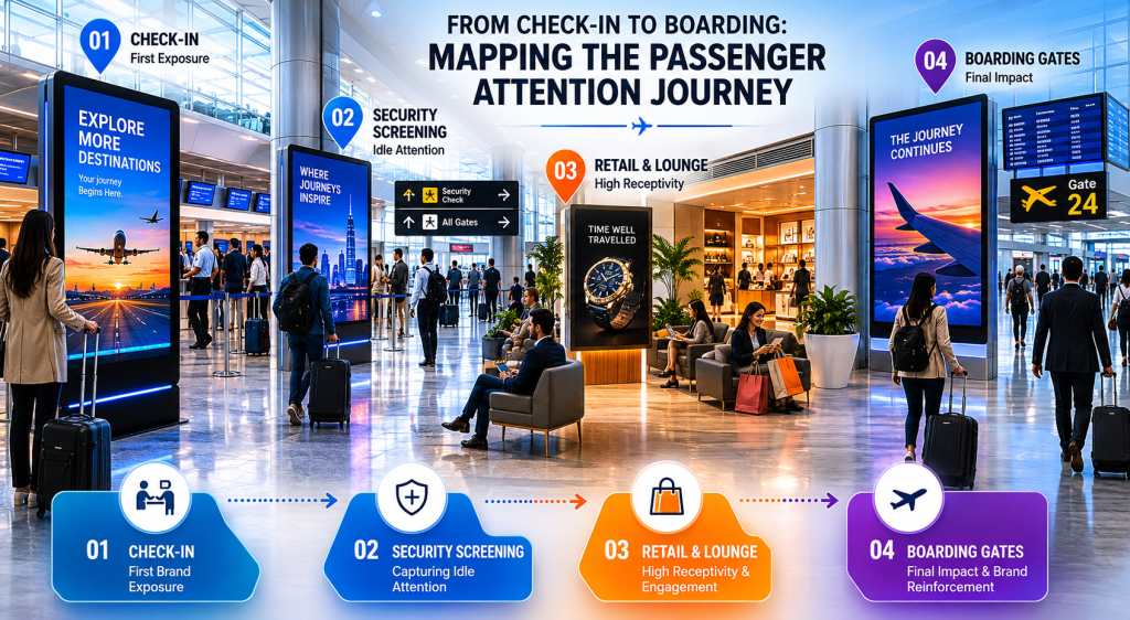 A realistic airport terminal scene showing passengers moving through check-in counters, security screening, waiting lounges, and boarding gates