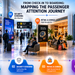 A realistic airport terminal scene showing passengers moving through check-in counters, security screening, waiting lounges, and boarding gates