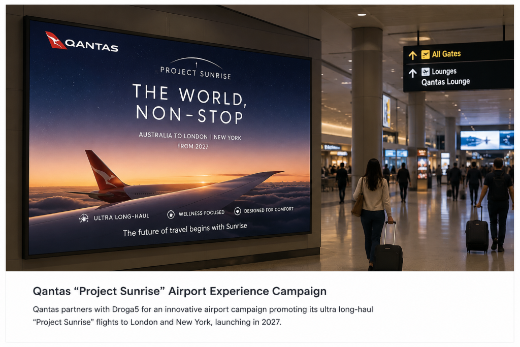 Large Qantas Project Sunrise digital billboard inside a modern airport terminal with travelers walking nearby.