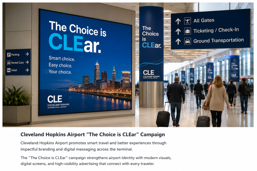 Large digital campaign display inside Cleveland Hopkins Airport terminal with travelers walking through the concourse.