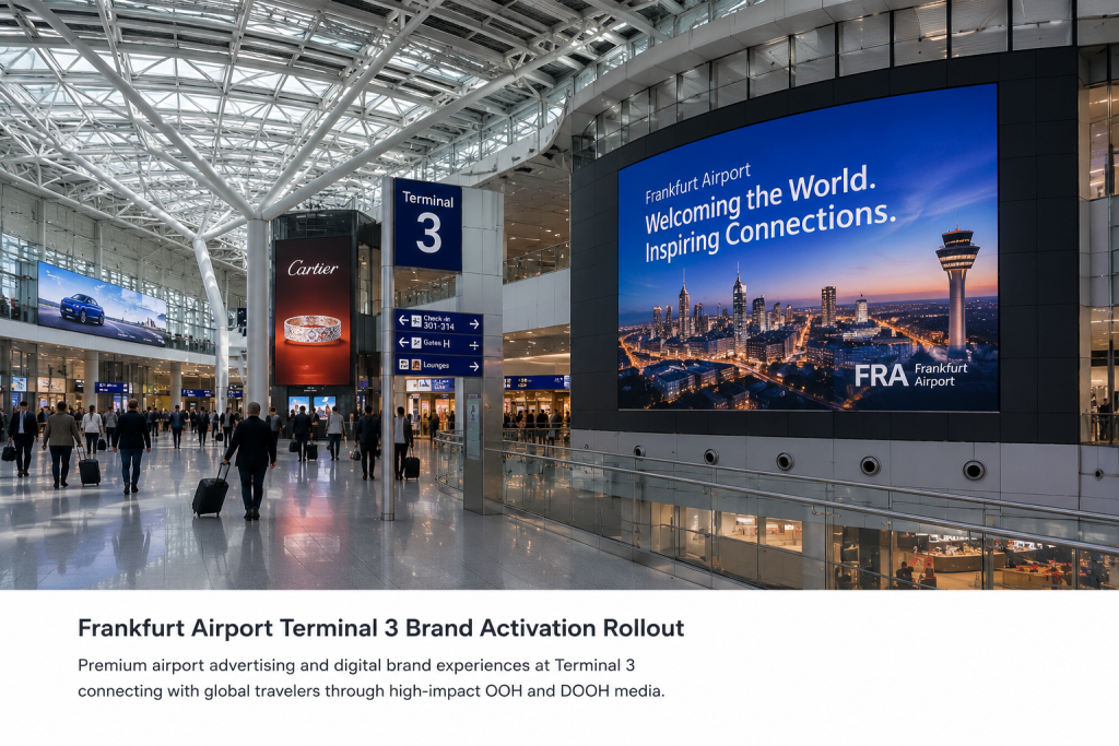 Modern Frankfurt Airport Terminal 3 interior with large digital advertising screens and travelers walking through the terminal.