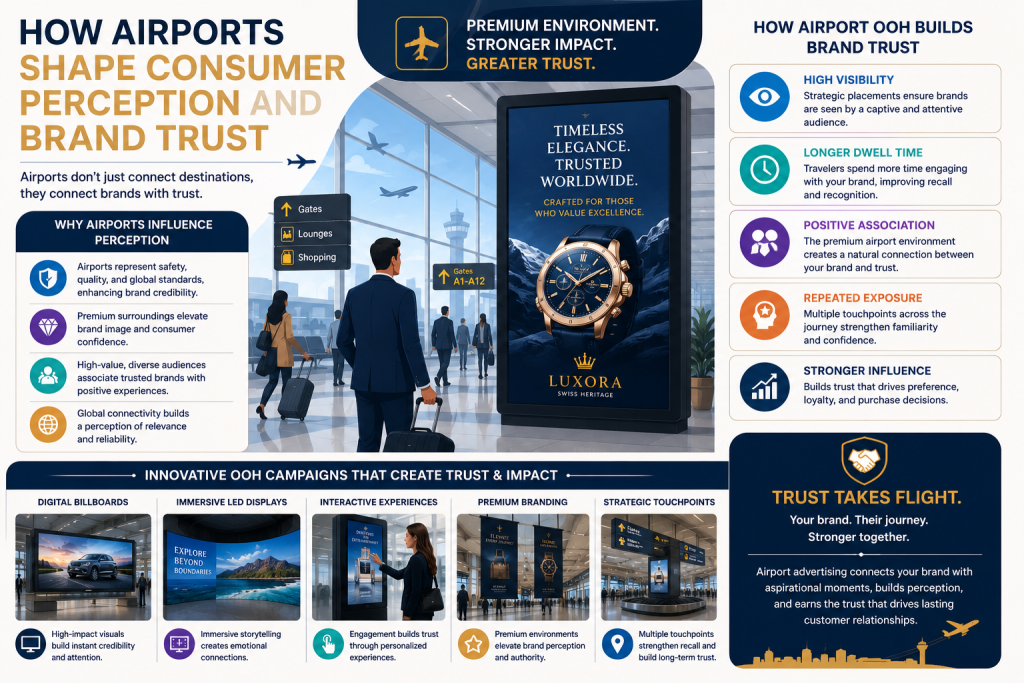 Infographic showing premium airport OOH advertising campaigns that build consumer perception and brand trust through digital billboards, immersive displays, and high-visibility airport branding.