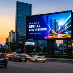 Modern digital billboard network displayed on a busy urban highway at sunset, featuring a sleek illuminated digital advertising screen surrounded by moving traffic and contemporary city skyscrapers.