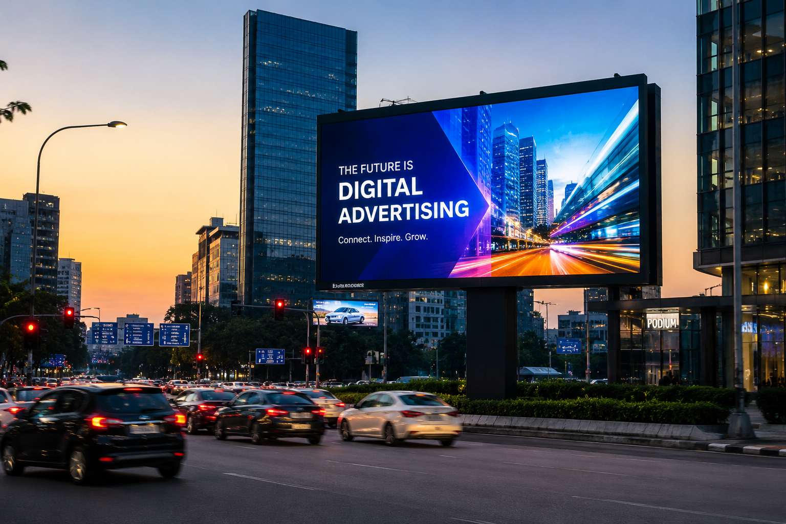 Modern digital billboard network displayed on a busy urban highway at sunset, featuring a sleek illuminated digital advertising screen surrounded by moving traffic and contemporary city skyscrapers.