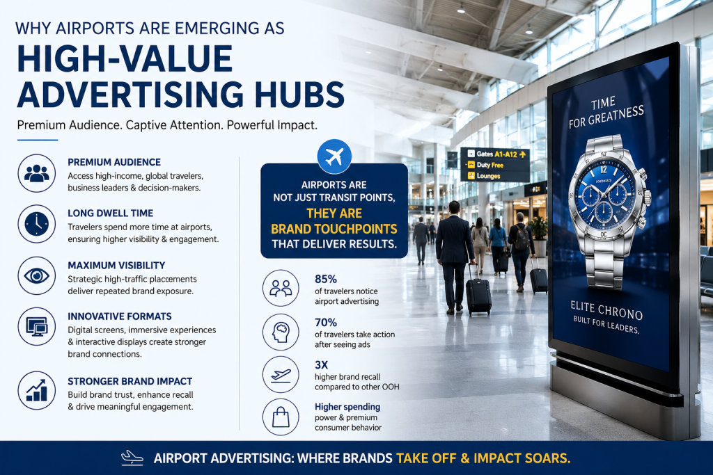 Modern airport advertising infographic showcasing why airports are emerging as high-value advertising hubs, featuring digital billboard displays, premium traveler audience insights, and innovative OOH marketing strategies inside a busy airport terminal.
