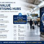 Modern airport advertising infographic showcasing why airports are emerging as high-value advertising hubs, featuring digital billboard displays, premium traveler audience insights, and innovative OOH marketing strategies inside a busy airport terminal.